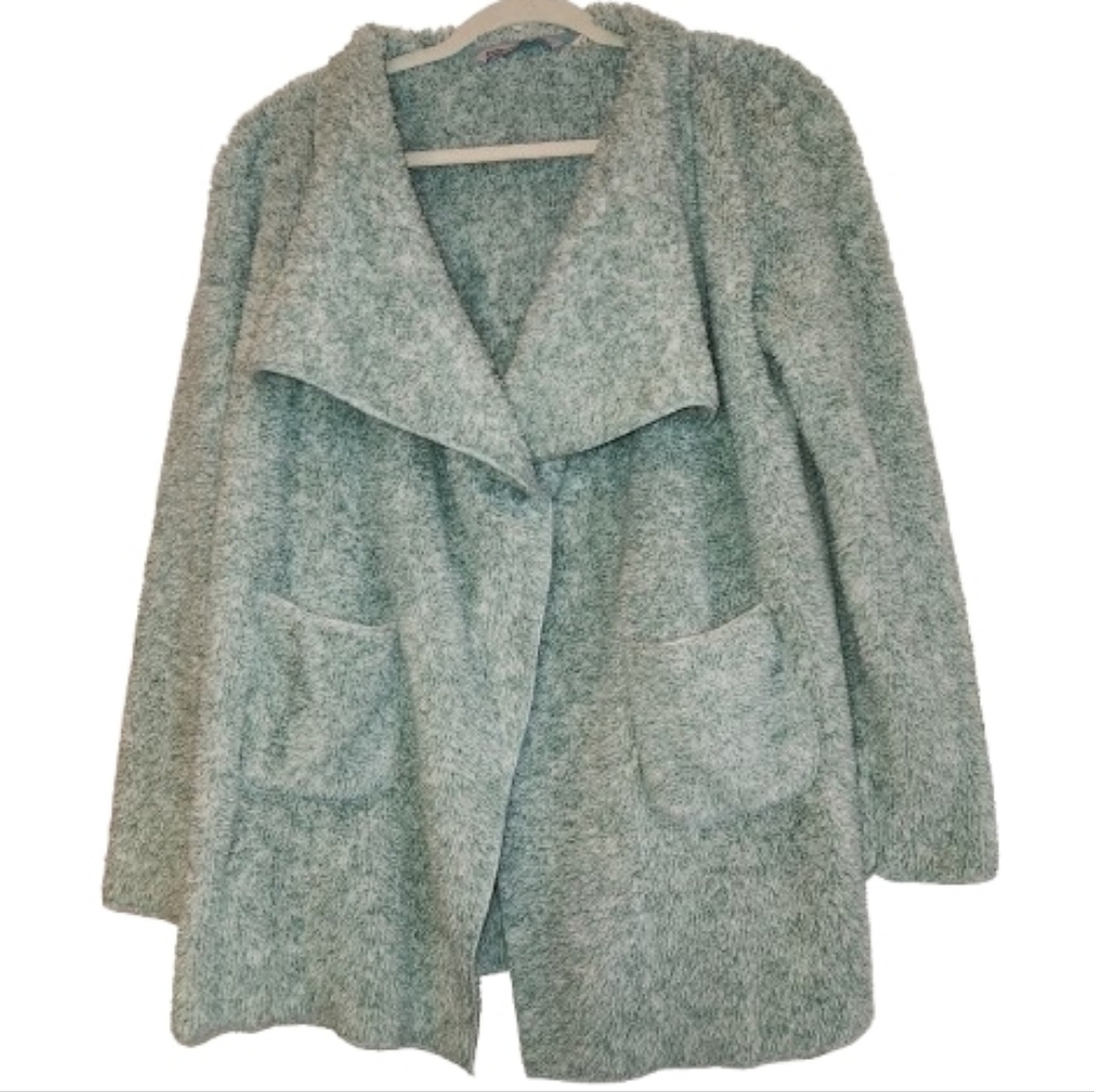 Hugs From Soft Surroundings Size S Plush Sage Cream One Button Front Cozy Jacket